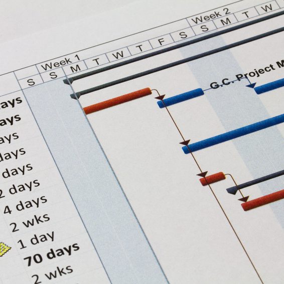 Close up shot of a detailed Gantt Chart printout  showing Tasks, Resources and Notes.